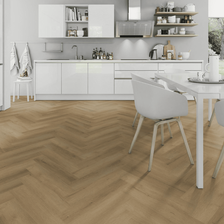 Barley Oak Herringbone SPC Flooring - 4mm, waterproof SPC core, sound-reducing underlayment and underfloor heating.