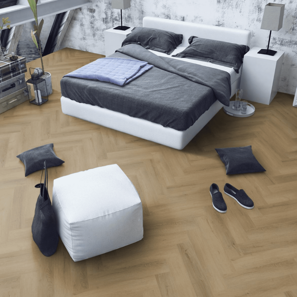 Barley Oak Herringbone SPC Flooring - 4mm, waterproof SPC core, sound-reducing underlayment and underfloor heating.