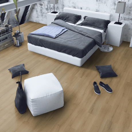 Barley Oak SPC Flooring - 4mm features waterproof SPC core, sound-reducing underlayment, oak finish and dent-resistant.