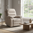 Oatmeal 1 seater electric recliner chair in a living room setting with a window and table in the background.