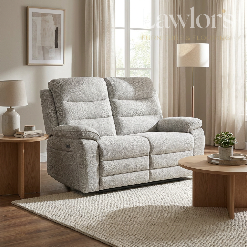Light grey 2 seater electric recliner sofa in a living room setting