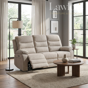 Oatmeal 3 seater electric reclining sofa in a living room setting
