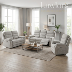 Light grey 3+2+1 electric reclining sofa set in a living room