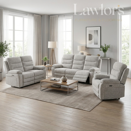 Light grey 3+2+1 electric reclining sofa set in a living room