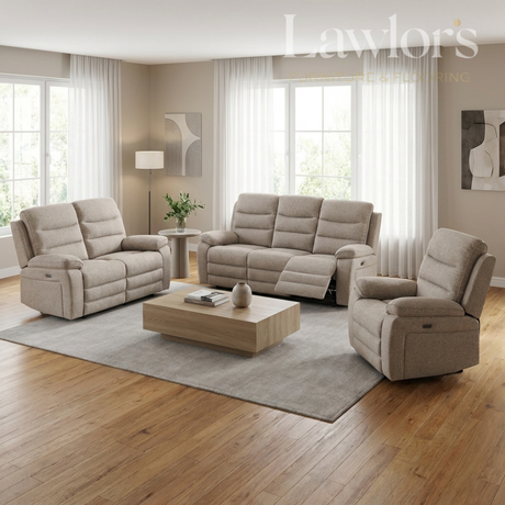 Oatmeal 3+2+1 electric reclining sofa set in a living room