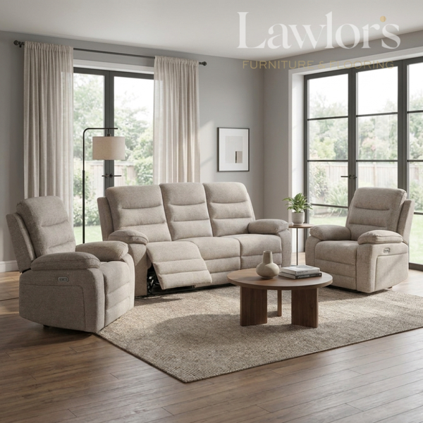 Oatmeal 3+1+1 electric recliner sofa set in a modern living room