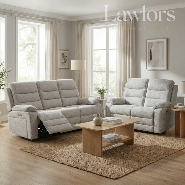 Light grey electric 3+2 reclining sofa set in a living room