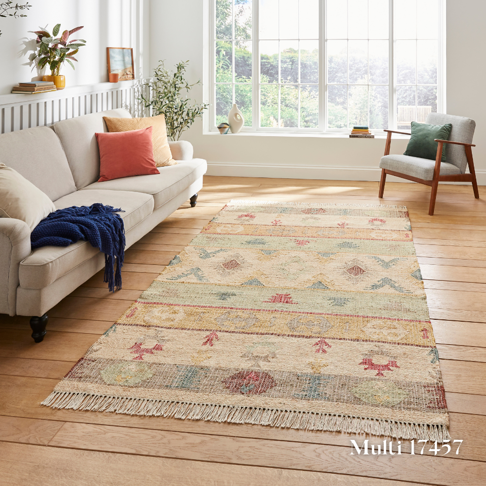 Add some style with the Bazaar Jute Natural Hand Woven Rugs offering strong & organic class with sustainable jute, wool & polyester in a flat weave design