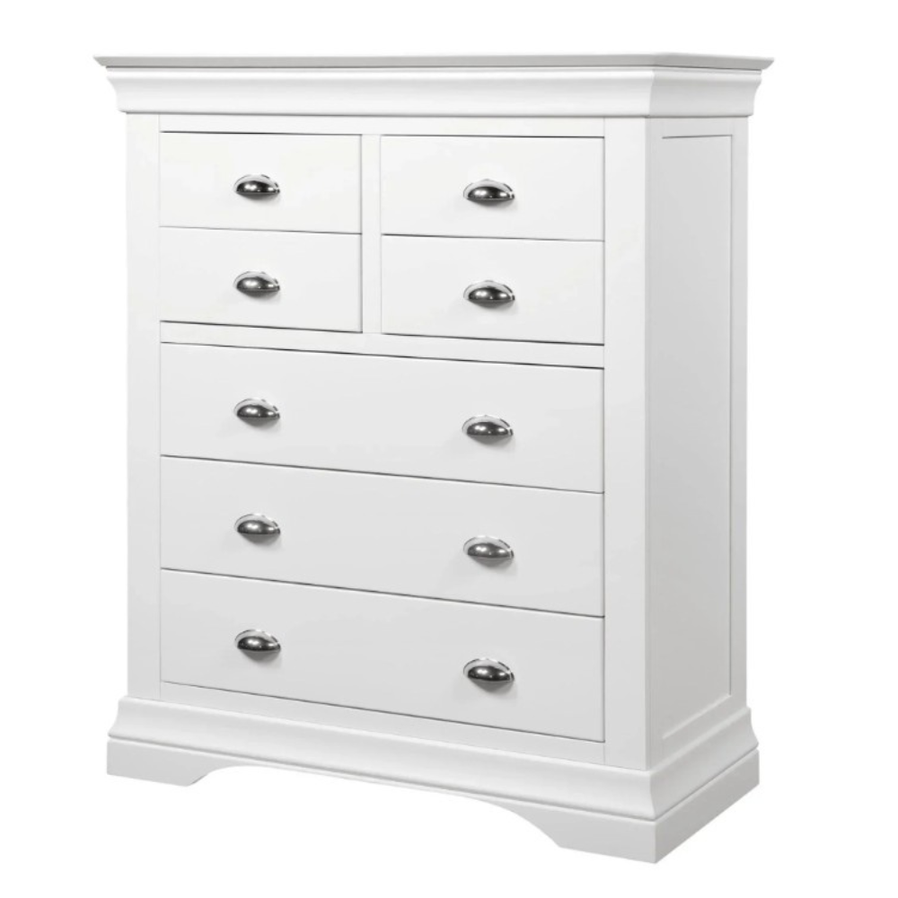 7 drawer white chest of drawers with polished chrome cup handles