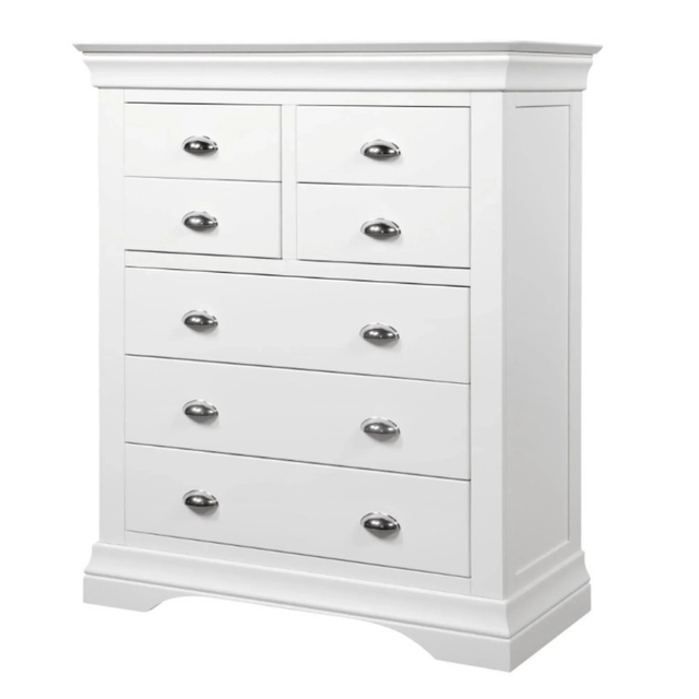7 drawer white chest of drawers with polished chrome cup handles
