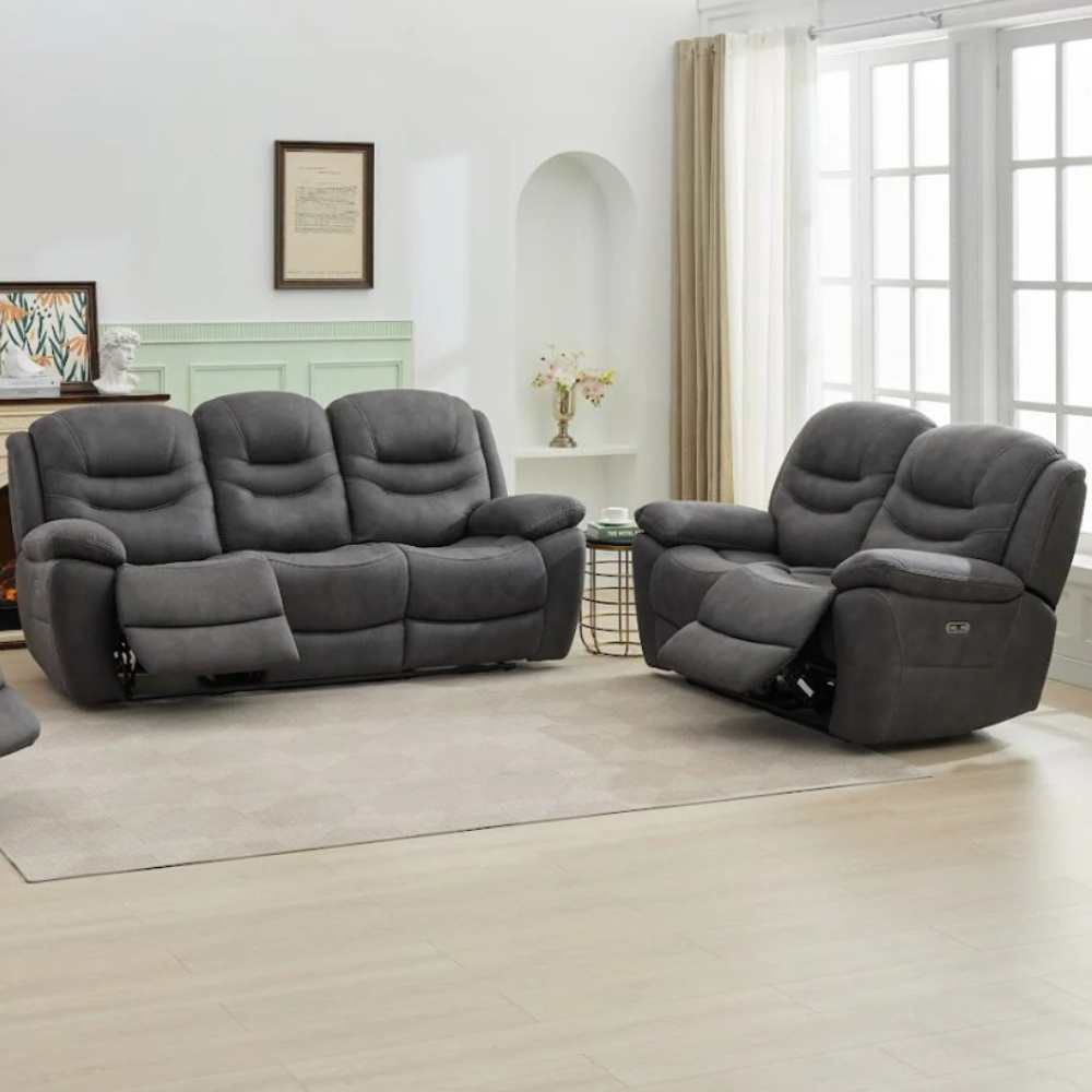 The Bellamy Electric Recliner Sofa Set 3+2 in Gunmetal Grey features plush comfort, USB charging and smooth electric reclining for a ideal for any space