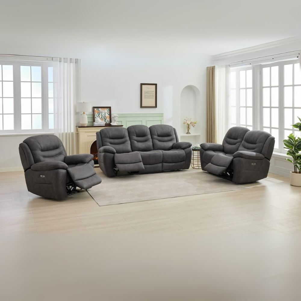 The Bellamy Electric Recliner Sofa in Gunmetal Grey features plush comfort, USB charging and smooth electric reclining for a modern, luxurious living space