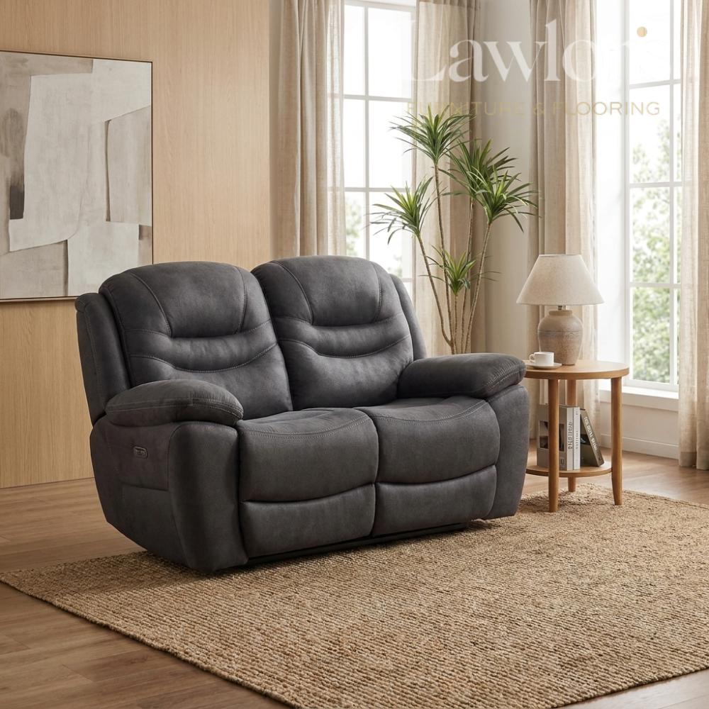 Grey 2 seater recliner sofa in a modern living room
