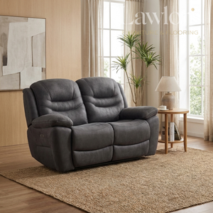 Grey 2 seater recliner sofa in a modern living room