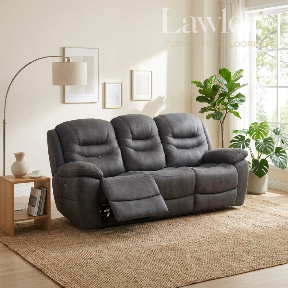 Grey 3 seater recliner sofa in a modern living room