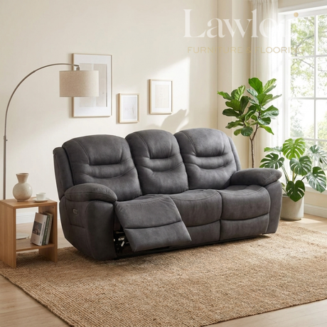 Grey 3 seater recliner sofa in a modern living room