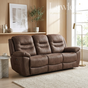 Brown 3 recliner seater sofa in a living room setting with a shelf, plant, and window.
