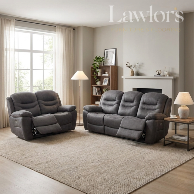 Grey 3+2 recliner sofa set in a modern living room