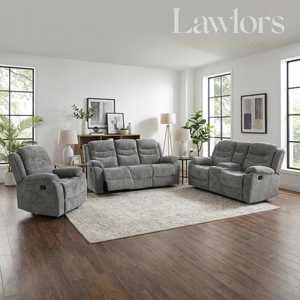 Grey 3+2+1 recliner sofa set in a modern living room
