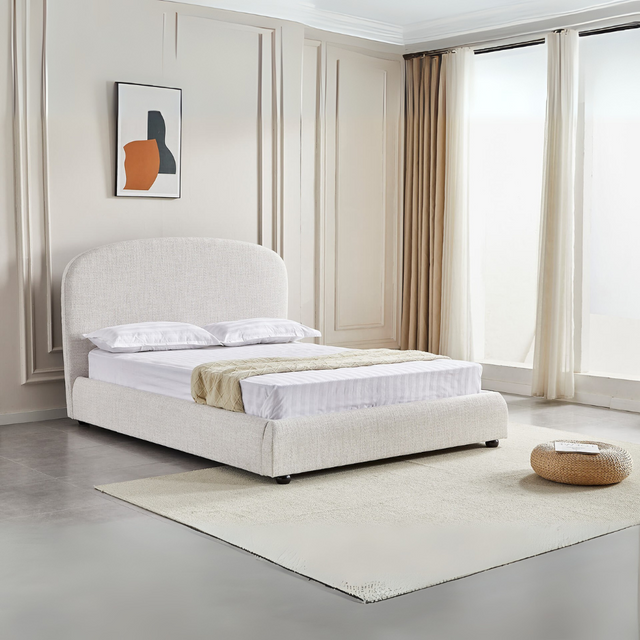 The Bexley Bed in Natural fabric blends elegance and comfort with a soft headboard, wooden legs and slatted base, perfect for any bedroom style