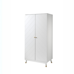 The Billy 2 Door Wardrobe in Satin White with golden accents and 2 door cabinet offers ample clothing storage door any stylish baby or children's room