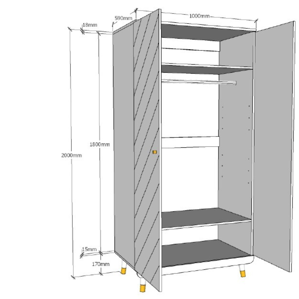 The Billy 2 Door Wardrobe in Satin White with golden accents and 2 door cabinet offers ample clothing storage door any stylish baby or children's room