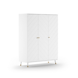 The Billy 3 Door Wardrobe in Satin White comes with golden accents, ample clothing storage and geometric design, ideal for any children's and baby room