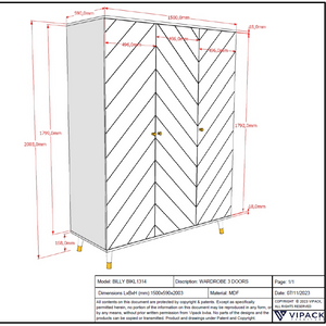 The Billy 3 Door Wardrobe in Satin White comes with golden accents, ample clothing storage and geometric design, ideal for any children's and baby room