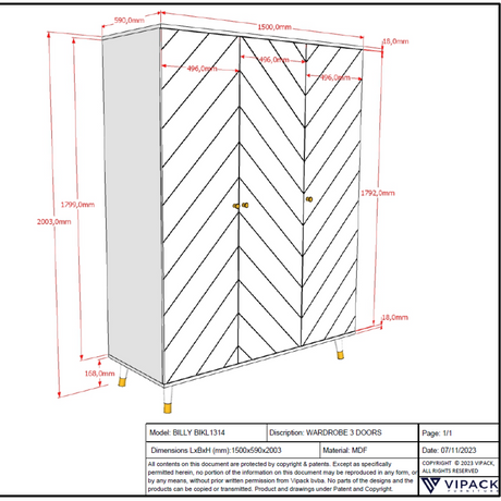 The Billy 3 Door Wardrobe in Satin White comes with golden accents, ample clothing storage and geometric design, ideal for any children's and baby room
