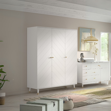 The Billy 3 Door Wardrobe in Satin White comes with golden accents, ample clothing storage and geometric design, ideal for any children's and baby room