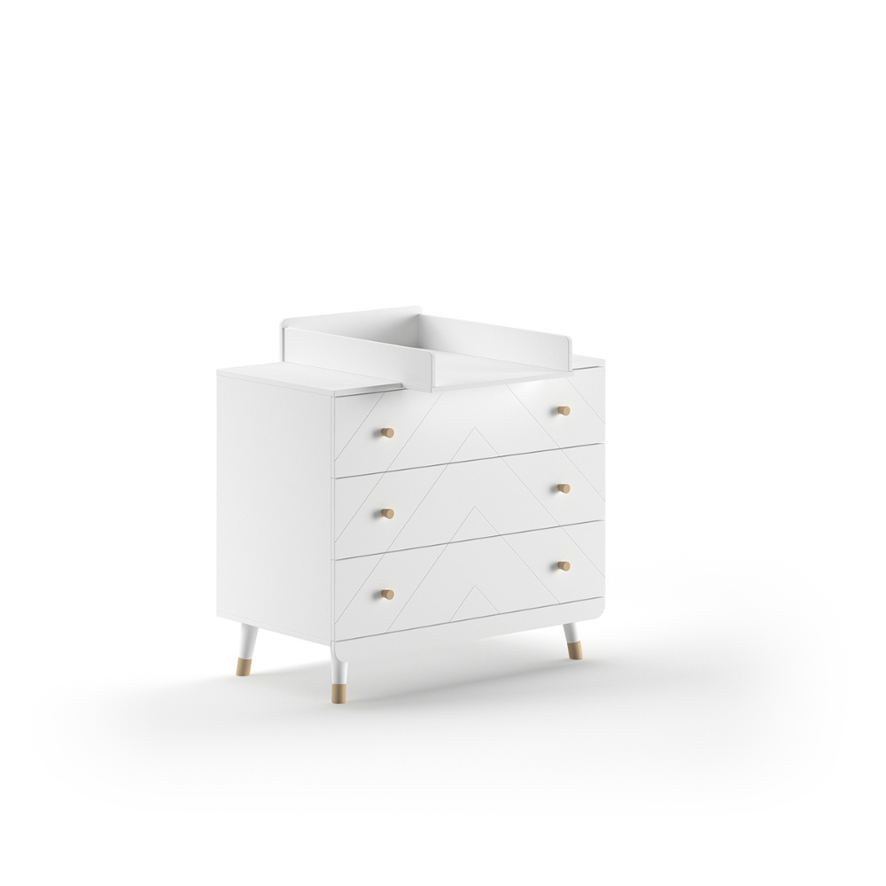 The Billy 3 Dresser with Changing Unit in White comes with a changing board attachment, golden accents and 3 drawers, perfect for a stylish baby room
