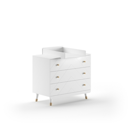 The Billy 3 Dresser with Changing Unit in White comes with a changing board attachment, golden accents and 3 drawers, perfect for a stylish baby room