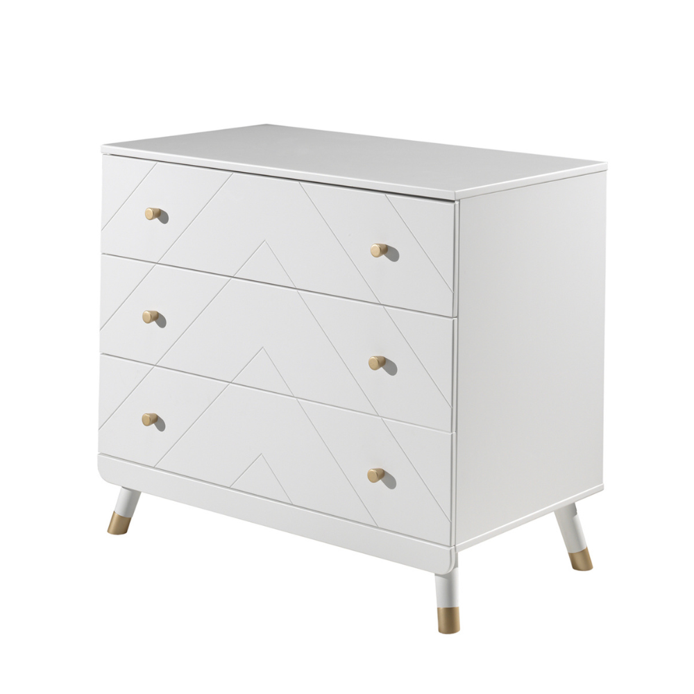 The Billy 3 Dresser with Changing Unit in White comes with a changing board attachment, golden accents and 3 drawers, perfect for a stylish baby room