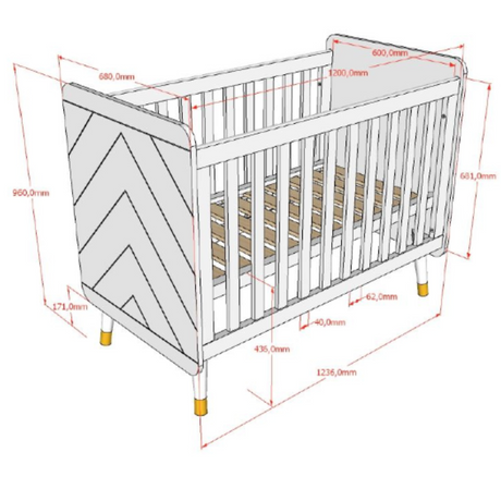 The Billy Baby Cot Bed in Terra Pink features a geometric graphic design, golden accents and an adjustable slatted base, perfect for a modern nursery setup