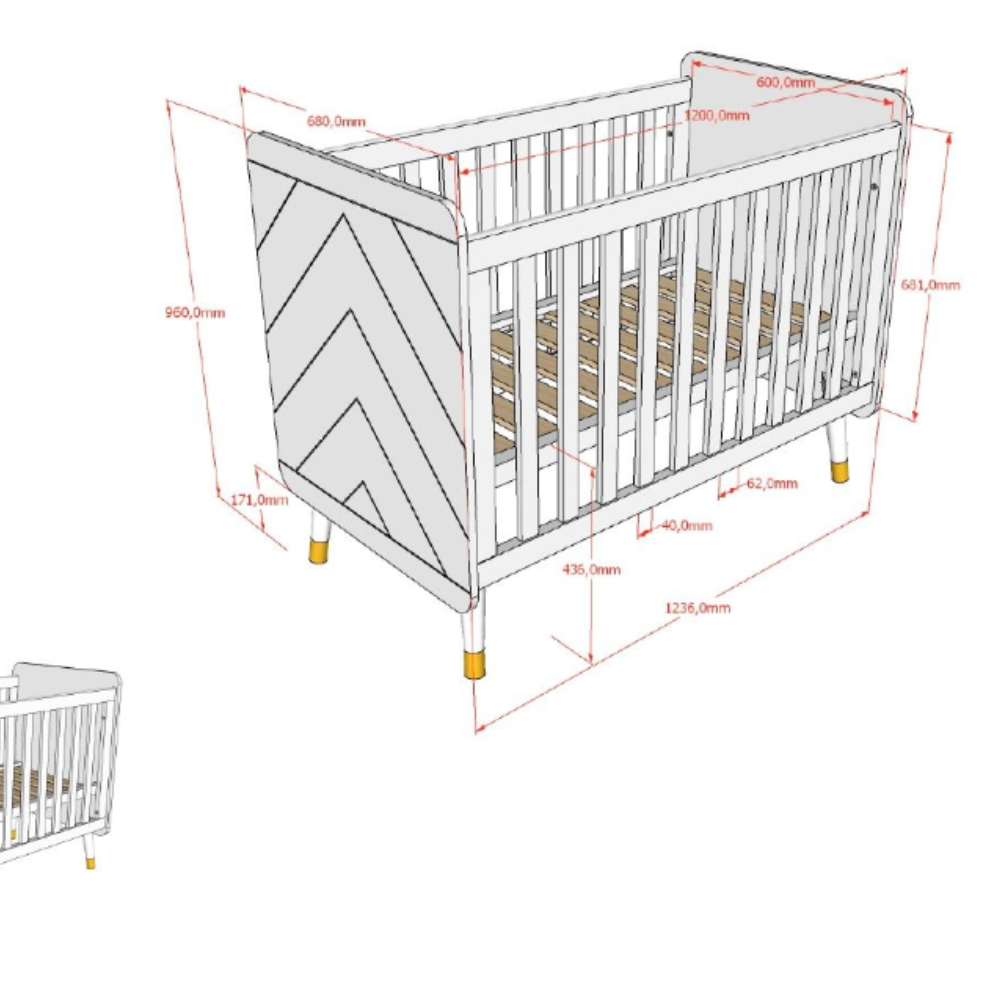 The Billy Baby Cot Bed in Satin White features a geometric graphic design, golden accents and an adjustable slatted base, perfect for a modern nursery setup