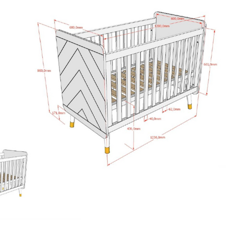 The Billy Baby Cot Bed in Satin White features a geometric graphic design, golden accents and an adjustable slatted base, perfect for a modern nursery setup