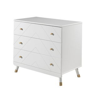 The Billy Chest of 3 Drawers in Satin White features golden accents & 3 spacious drawers, a changing care table with ample storage space for baby essentials
