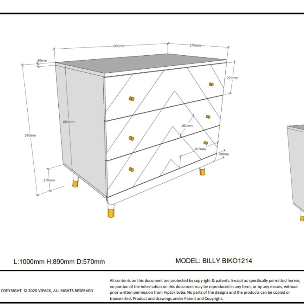 The Billy Chest of 3 Drawers in Satin White features golden accents & 3 spacious drawers, a changing care table with ample storage space for baby essentials