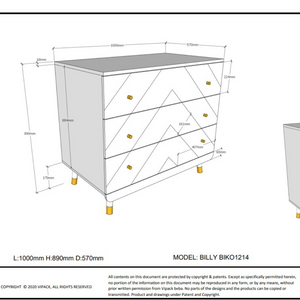 The Billy Chest of 3 Drawers in Satin White features golden accents & 3 spacious drawers, a changing care table with ample storage space for baby essentials