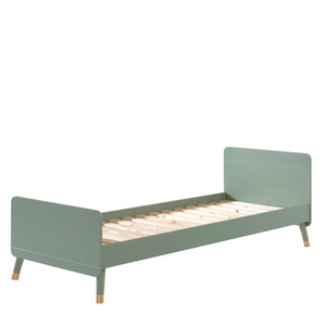 The Billy Kids Bed - 90 x 200cm features a geometric design, golden accents, slatted base, durable pine & MDF frame in Pink, White, Grey or Olive Green