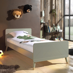 The Billy Kids Bed - 90 x 200cm features a geometric design, golden accents, slatted base, durable pine & MDF frame in Pink, White, Grey or Olive Green