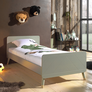 The Billy Kids Bed - 90 x 200cm features a geometric design, golden accents, slatted base, durable pine & MDF frame in Pink, White, Grey or Olive Green