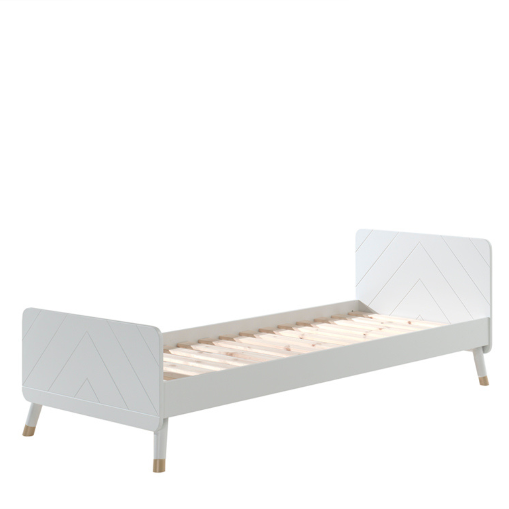 The Billy Kids Bed - 90 x 200cm features a geometric design, golden accents, slatted base, durable pine & MDF frame in Pink, White, Grey or Olive Green