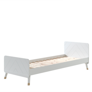 The Billy Kids Bed - 90 x 200cm features a geometric design, golden accents, slatted base, durable pine & MDF frame in Pink, White, Grey or Olive Green