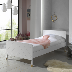 The Billy Kids Bed - 90 x 200cm features a geometric design, golden accents, slatted base, durable pine & MDF frame in Pink, White, Grey or Olive Green