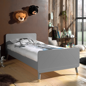 The Billy Kids Bed - 90 x 200cm features a geometric design, golden accents, slatted base, durable pine & MDF frame in Pink, White, Grey or Olive Green