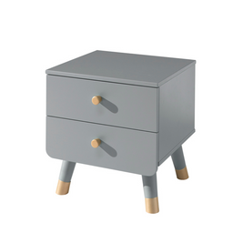 The Billy Kids Bedside Table features 2 drawers, golden accents and retro modern style, available in Terra Pink, Satin White, Timeless Grey and Olive Green