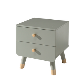 The Billy Kids Bedside Table features 2 drawers, golden accents and retro modern style, available in Terra Pink, Satin White, Timeless Grey and Olive Green
