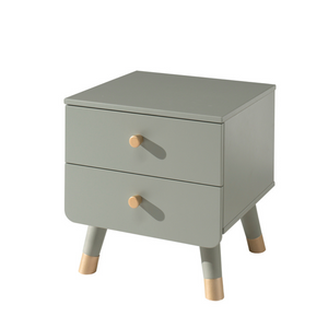 The Billy Kids Bedside Table features 2 drawers, golden accents and retro modern style, available in Terra Pink, Satin White, Timeless Grey and Olive Green