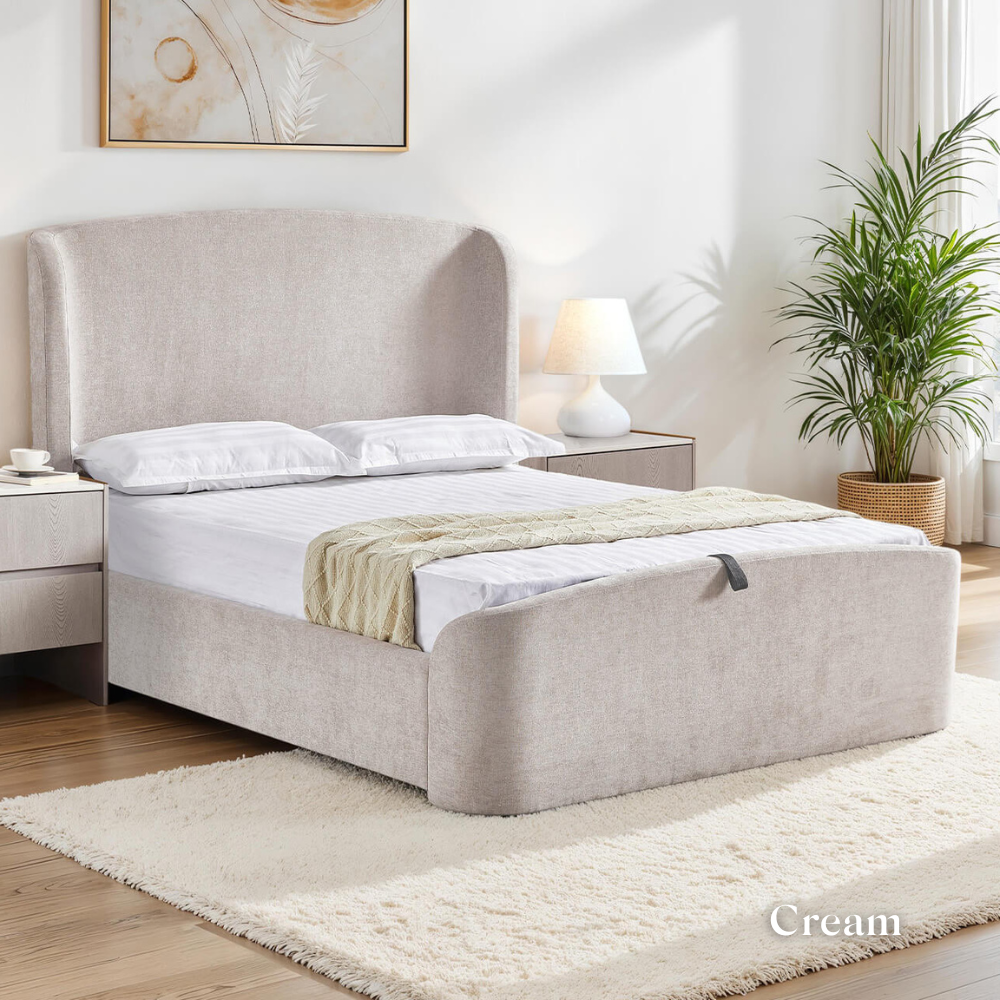 The Bishop Ottoman Bed in Beige & Cream offers sleek design, generous storage and a supportive slatted base combining style and comfort for any bedroom